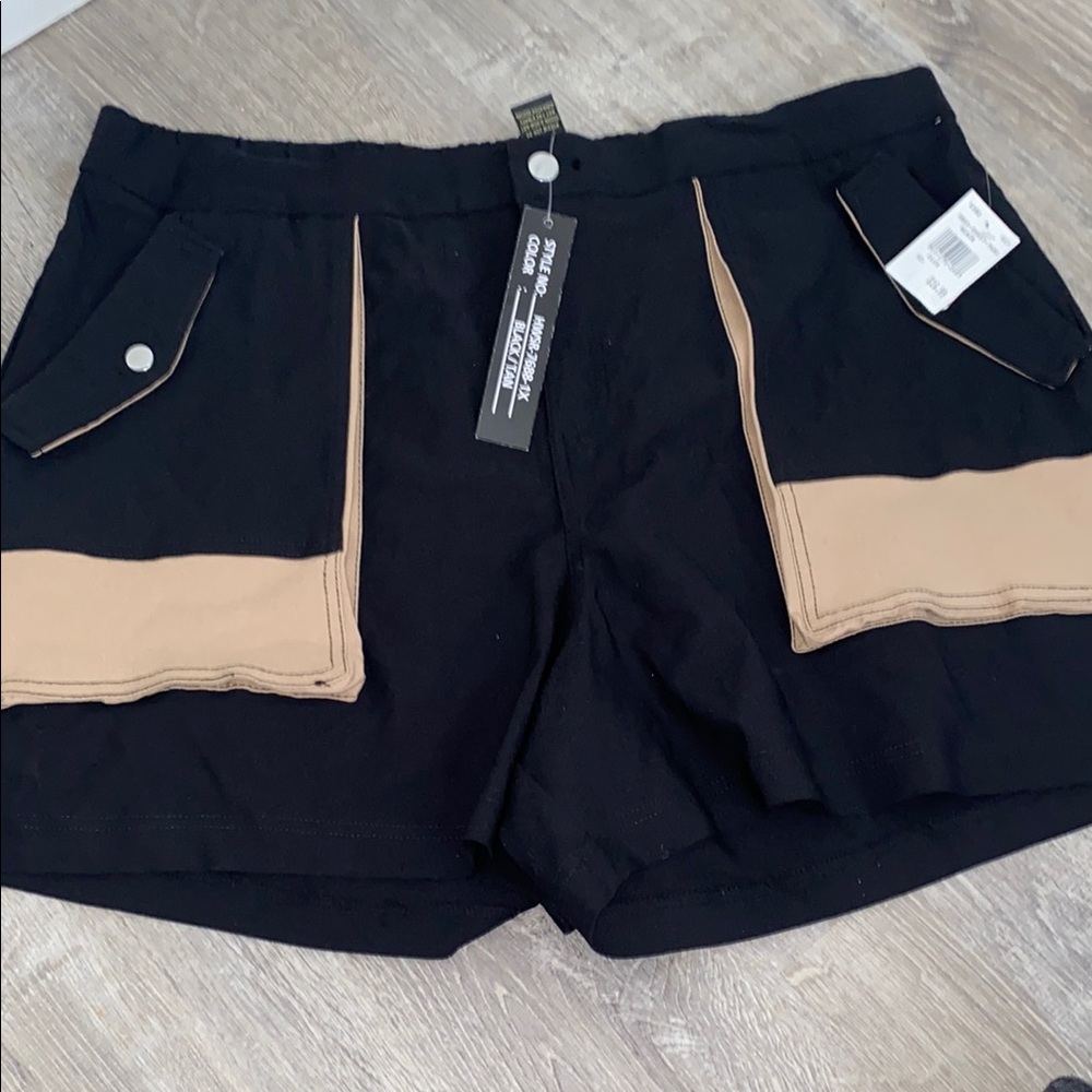 Black and Tan Cargo Shorts with Elastic Waistband